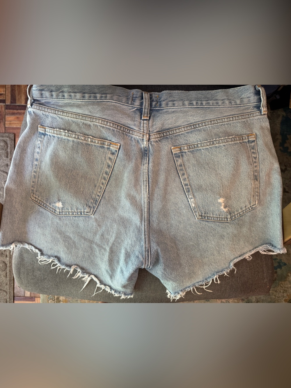Agolde Light Blue Distressed Denim Shorts with Frayed Hem - Picture 4 of 4